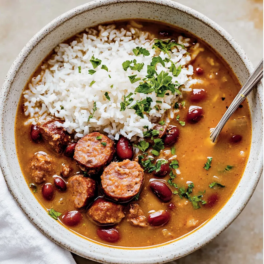 A bowl of red beans and rice with rice and meat.