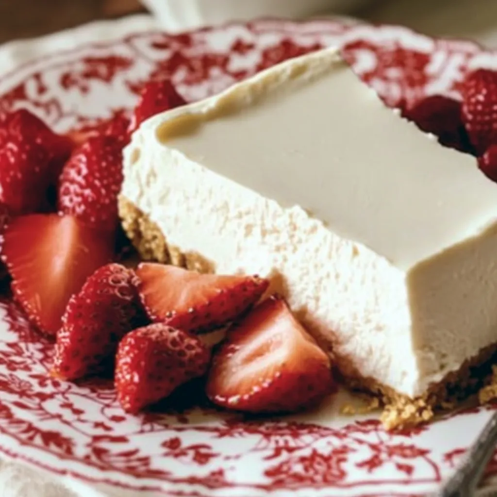A slice of no-bake Greek yogurt cheesecake on a plate.
