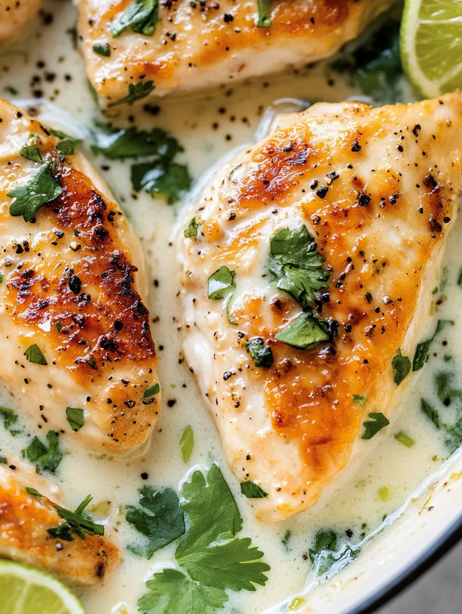 A dish of chicken with a creamy coconut lime sauce.