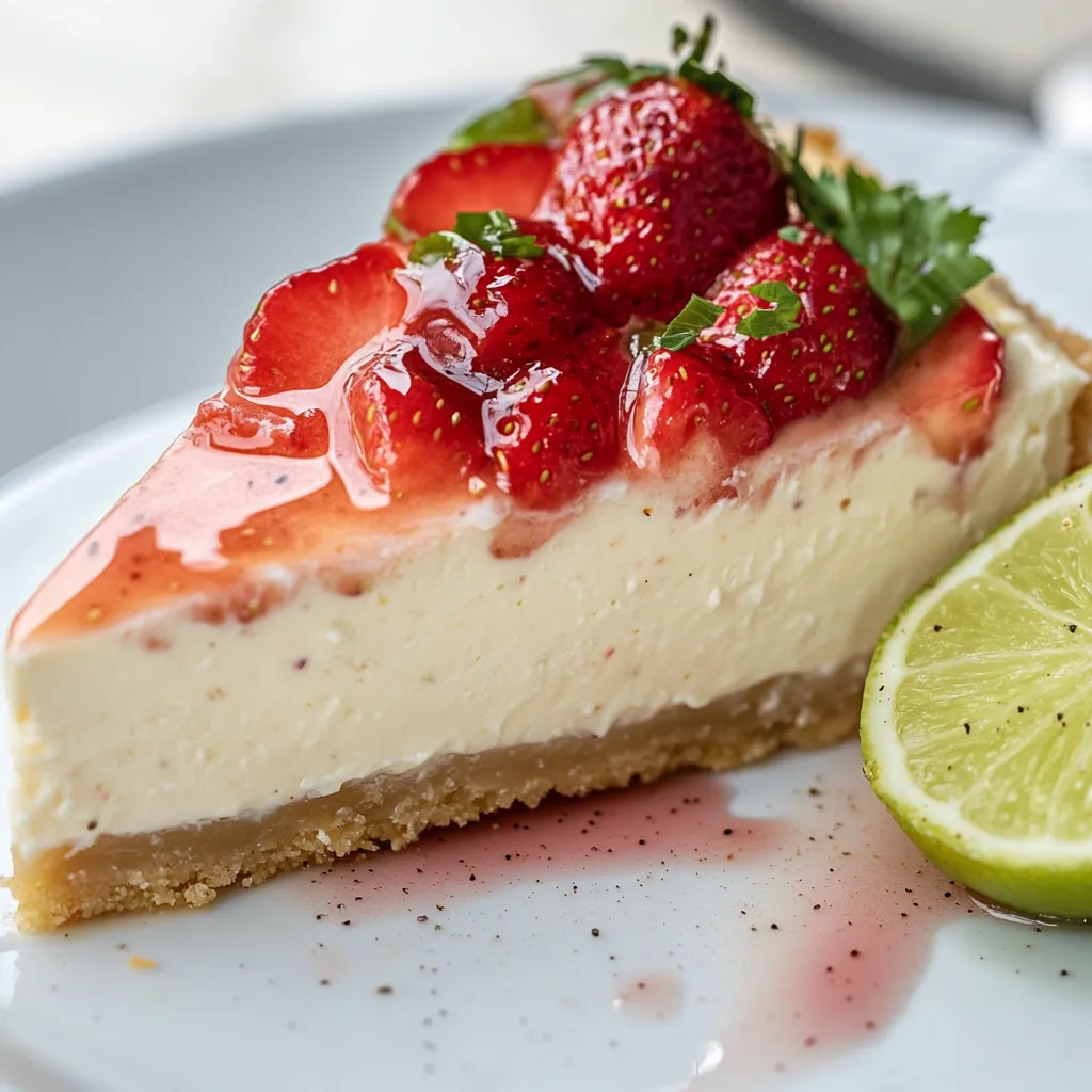 A slice of no-bake Greek yogurt cheesecake with strawberries on top.