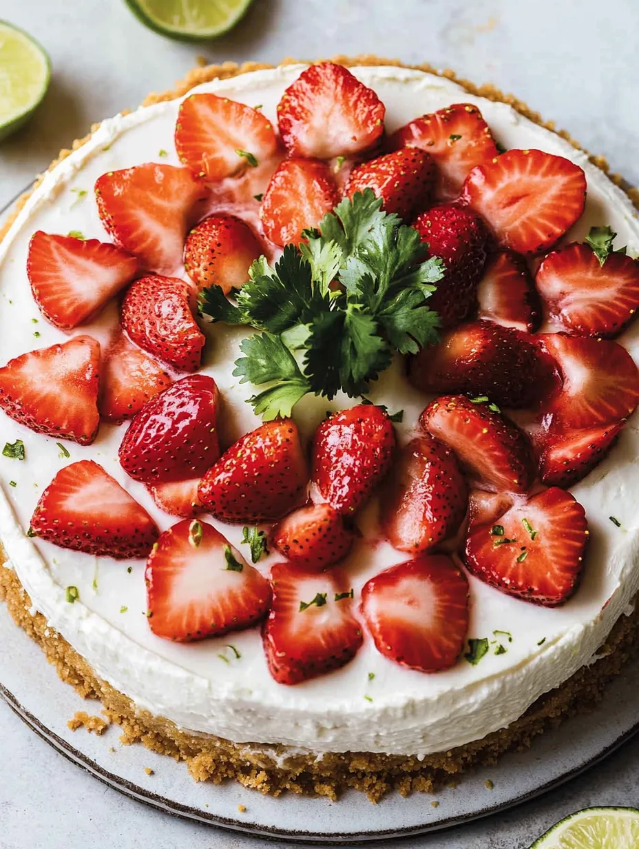 A slice of a no-bake Greek yogurt cheesecake with strawberries on top.