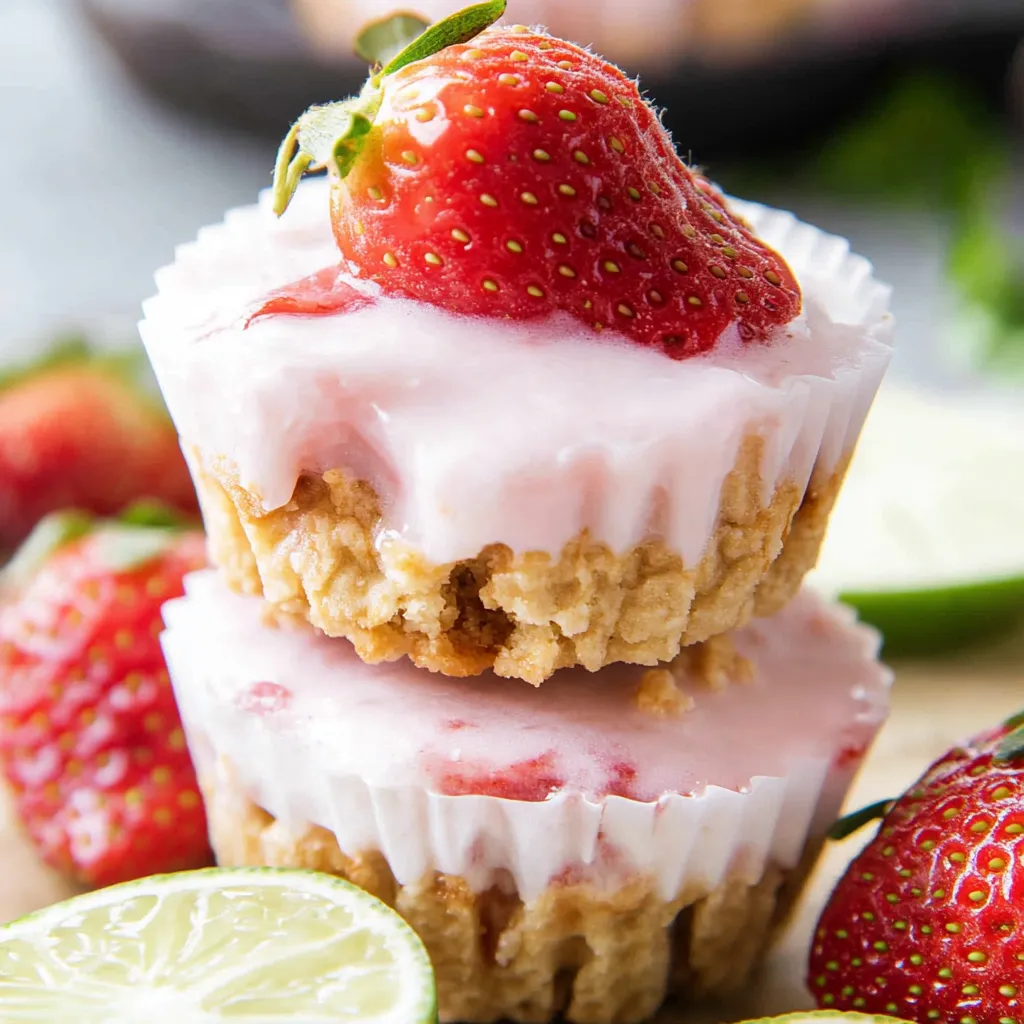 Three strawberry yogurt bites stacked on top of each other.