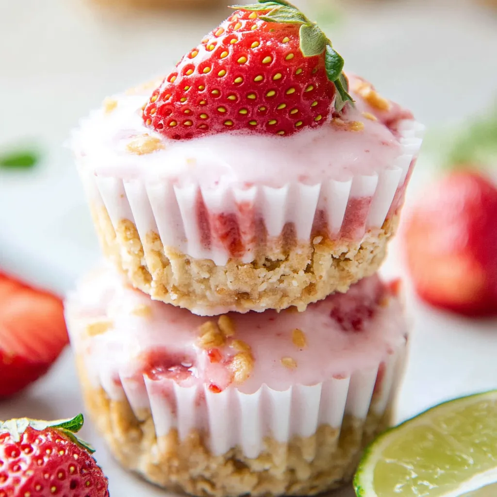 Three stacked strawberry yogurt bites.