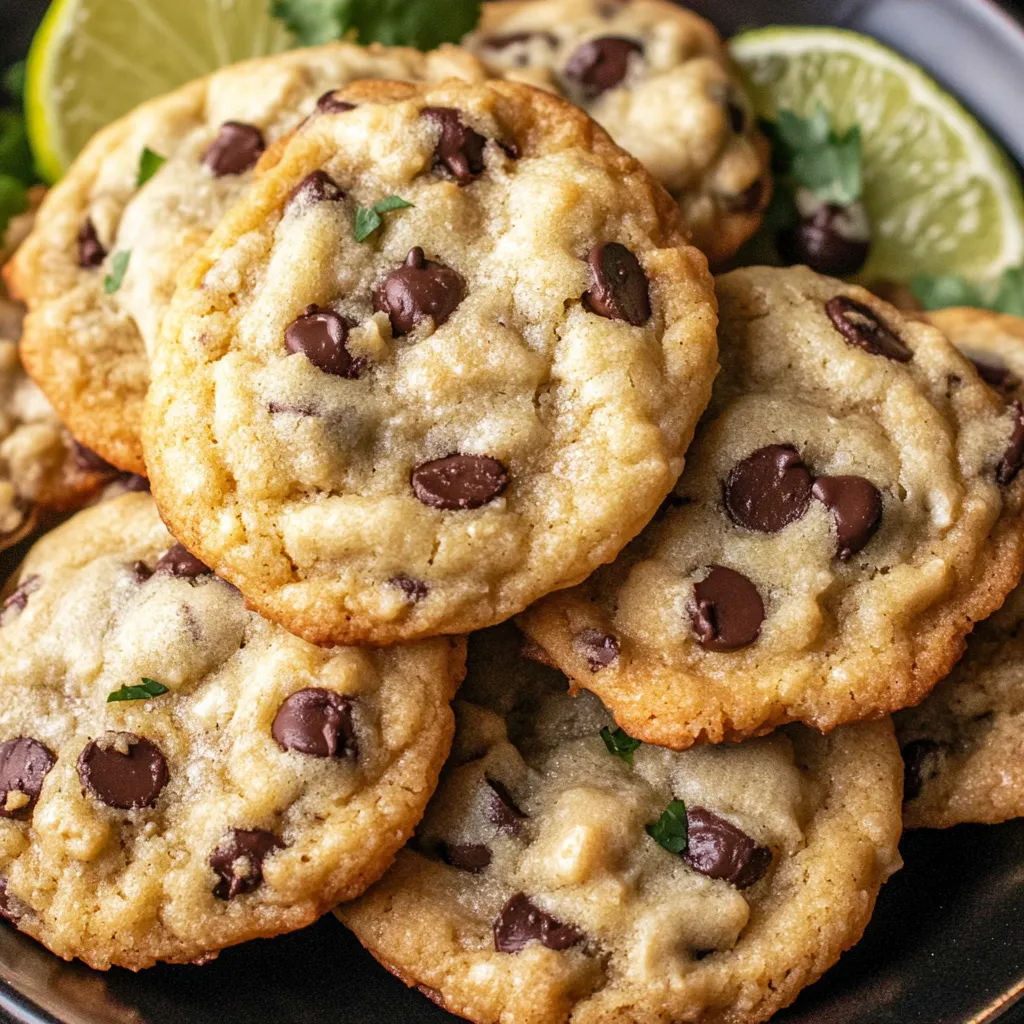 A plate of chocolate chip cookies with limes on top.