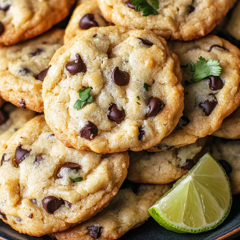 A plate of chocolate chip cookies with a lime wedge on top.