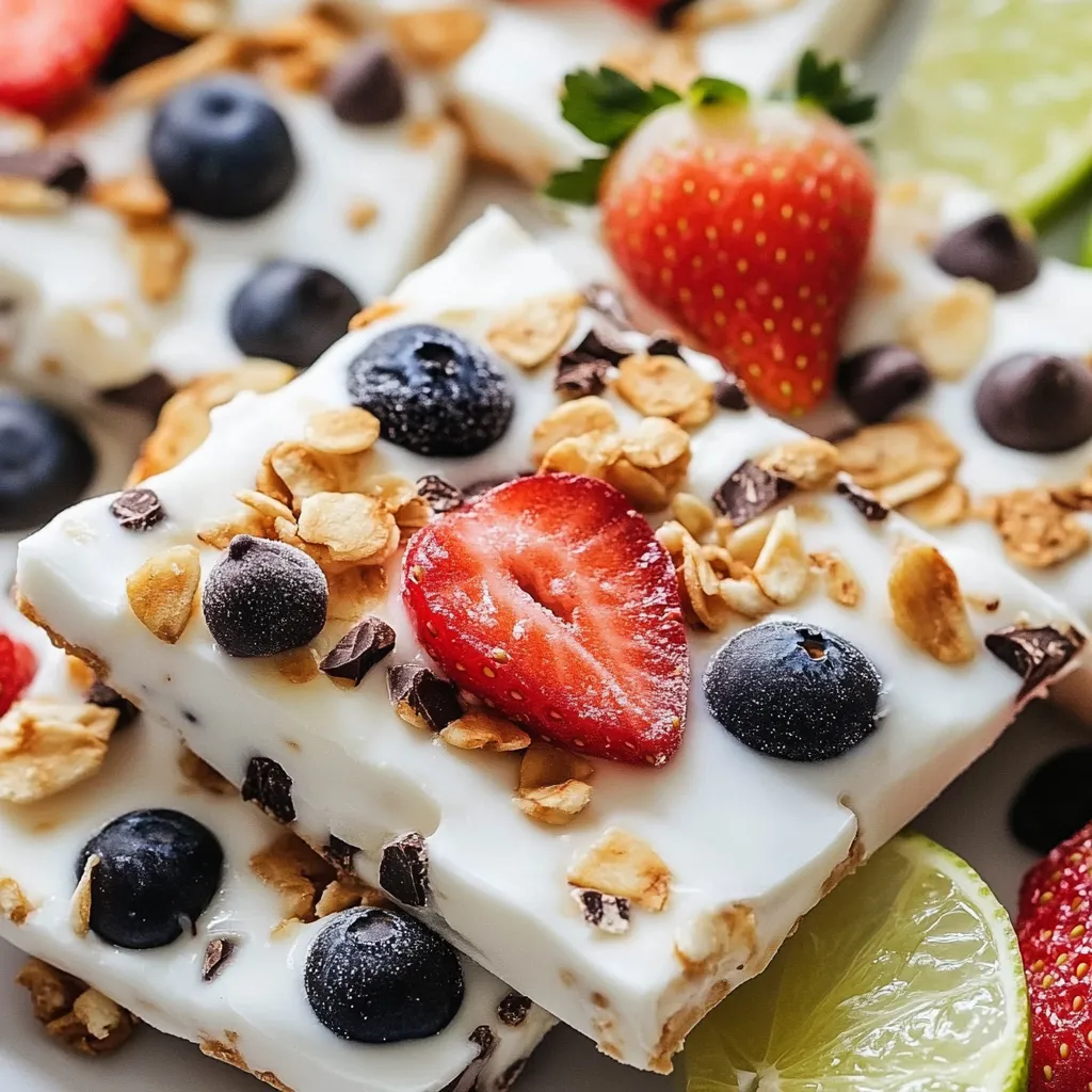 A close up of a frozen yogurt bark with strawberries and blueberries.