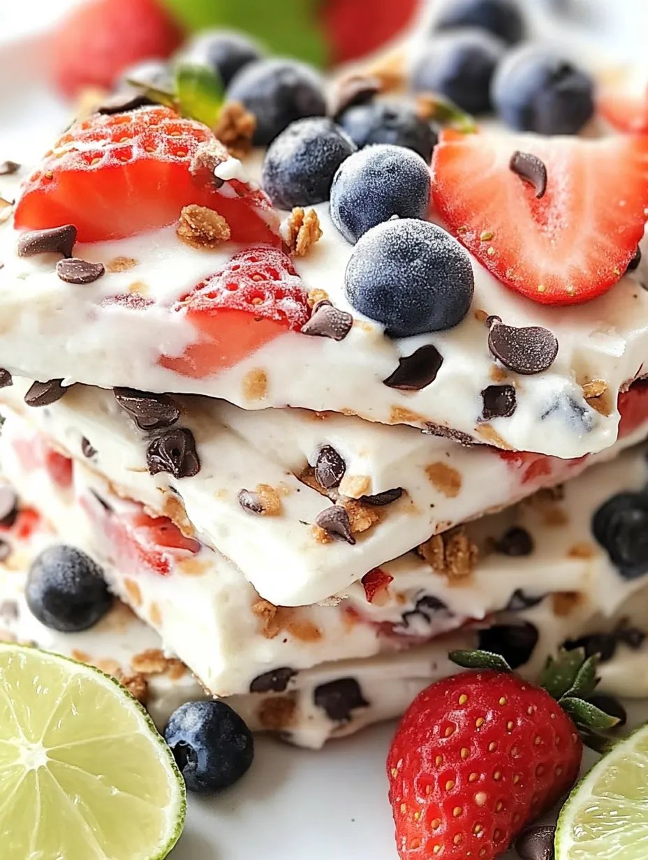 A stack of frozen yogurt bark with strawberries and blueberries.
