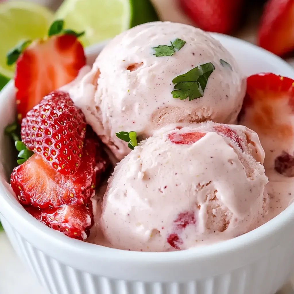 A bowl of frozen yogurt with strawberries and limes.