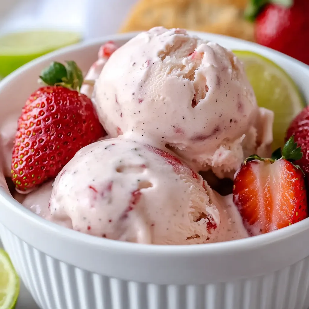 A bowl of frozen yogurt with strawberries and limes.