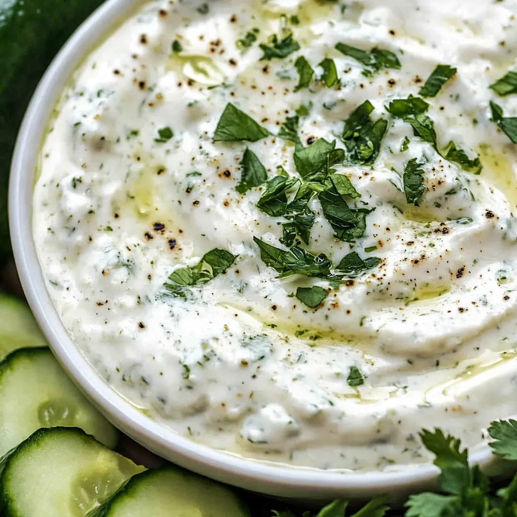 A white bowl of Greek yogurt dip with green herbs on top.