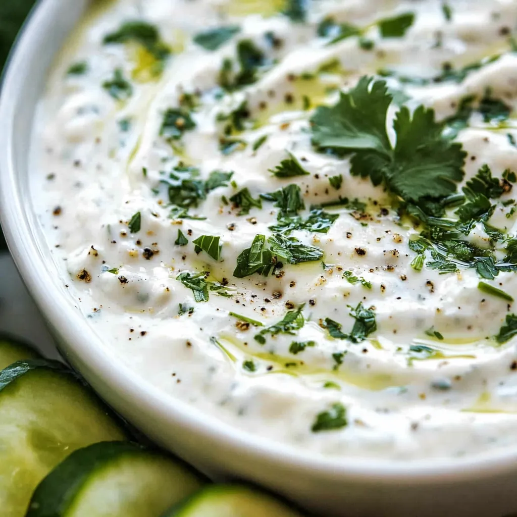 A white bowl filled with a Greek yogurt dip.