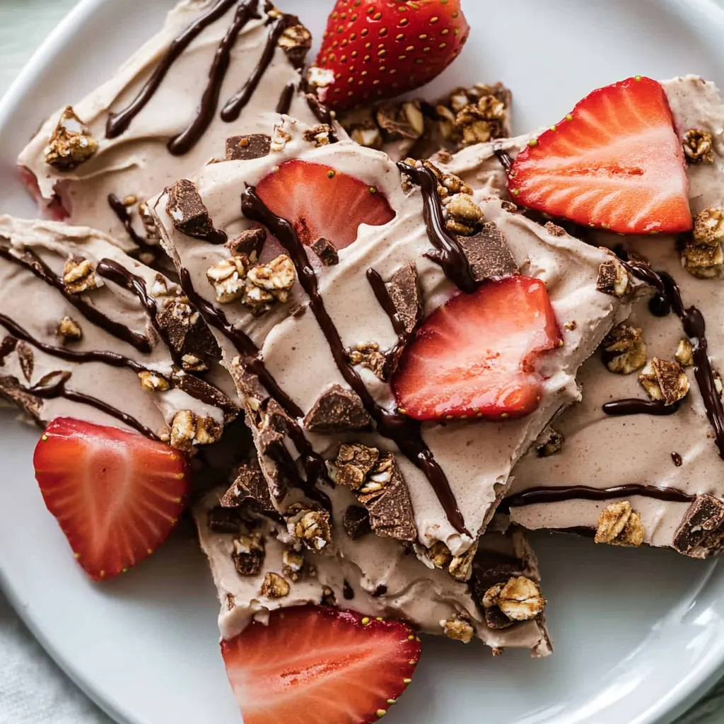 A plate of frozen yogurt bark with strawberries and nuts.