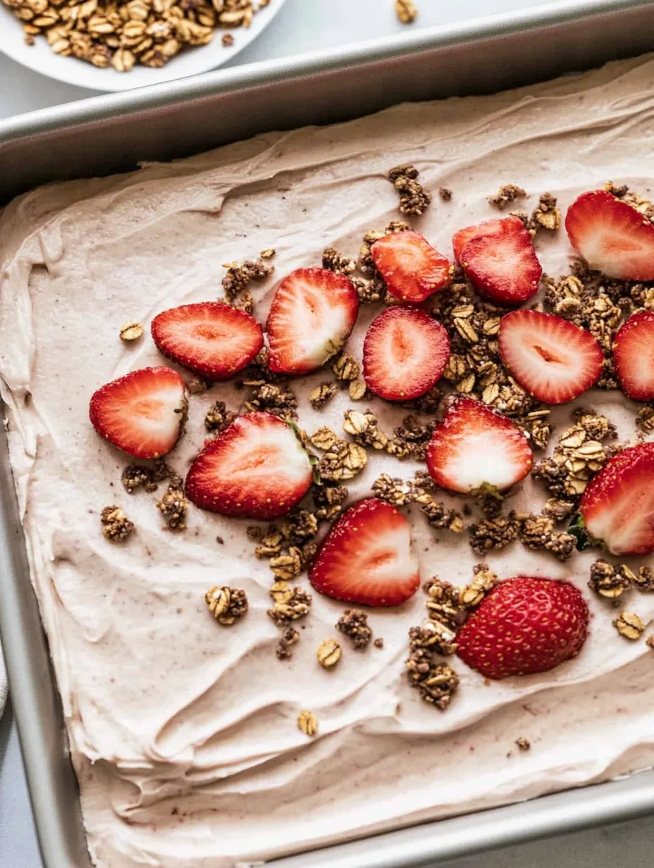 A close up of a frozen yogurt bark with strawberries and nuts.
