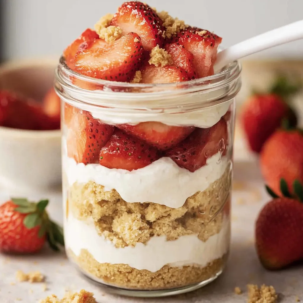 A jar of strawberry cheesecake with a spoon in it.