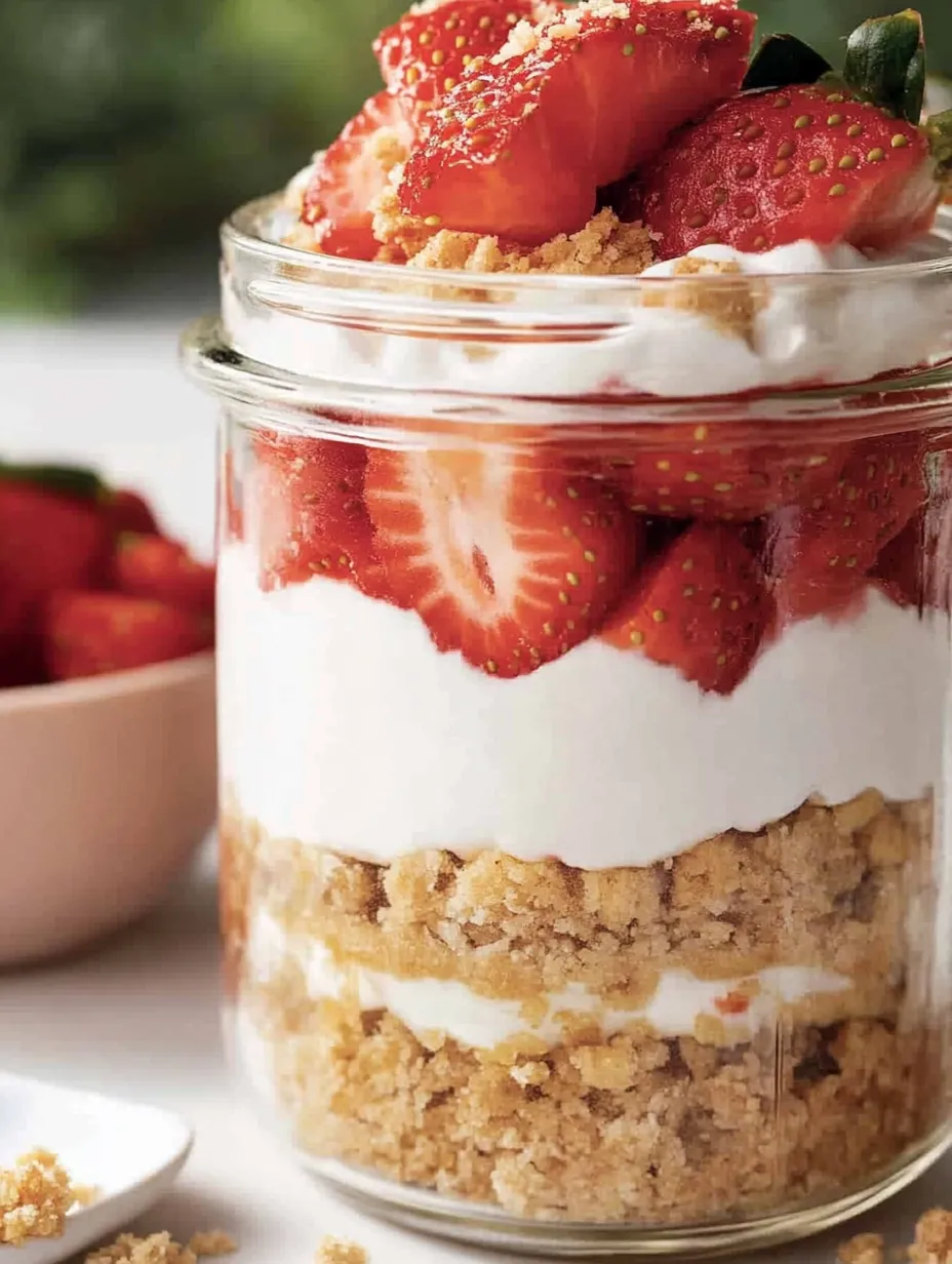 A jar of strawberry cheesecake with whipped cream.