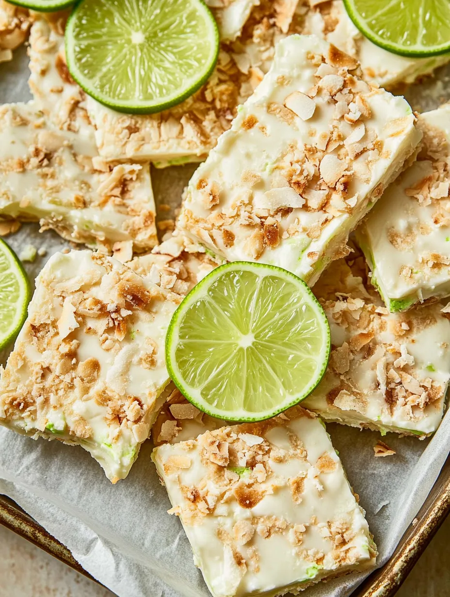 A close up of a slice of key lime pie yogurt bark.