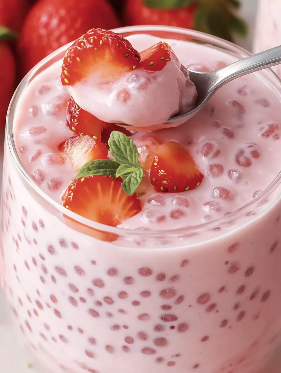 A glass of strawberry sago with a spoon in it.