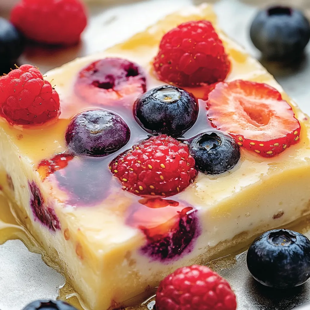 A slice of breakfast fruit and yogurt bake with raspberries and blueberries.