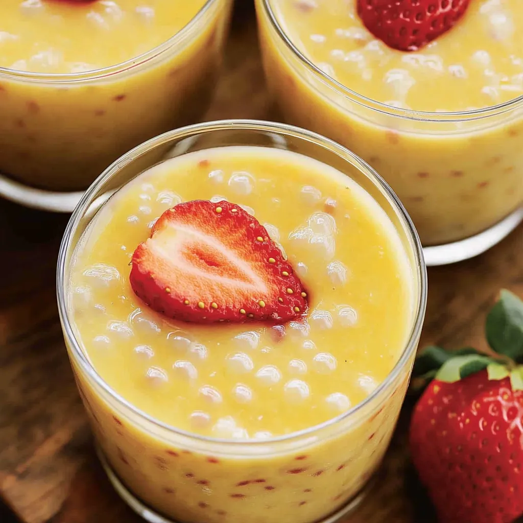 A glass of mango tapioca pudding with a strawberry on top.