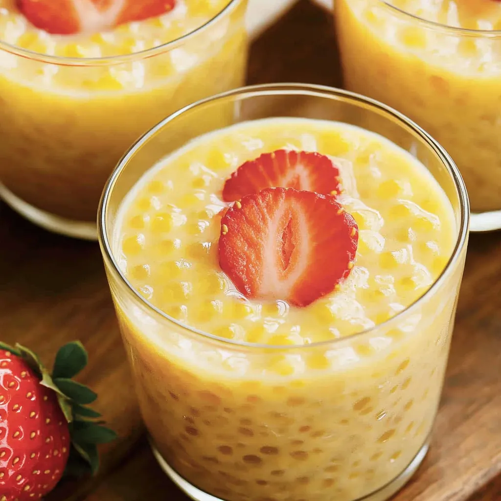 Ein Glas Mango Tapioca Pudding (Mango Sago) mit Strawberries auf einem Tisch.