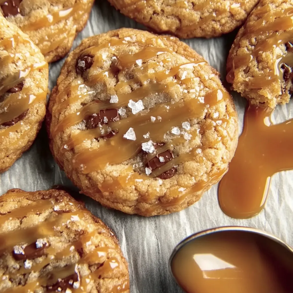 A close up of a chocolate chip caramel cookie.