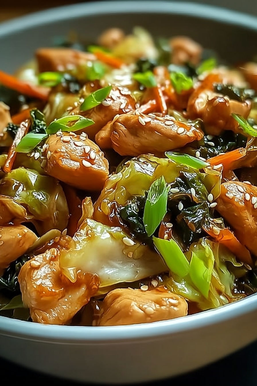 A bowl of chicken and cabbage stir fry.
