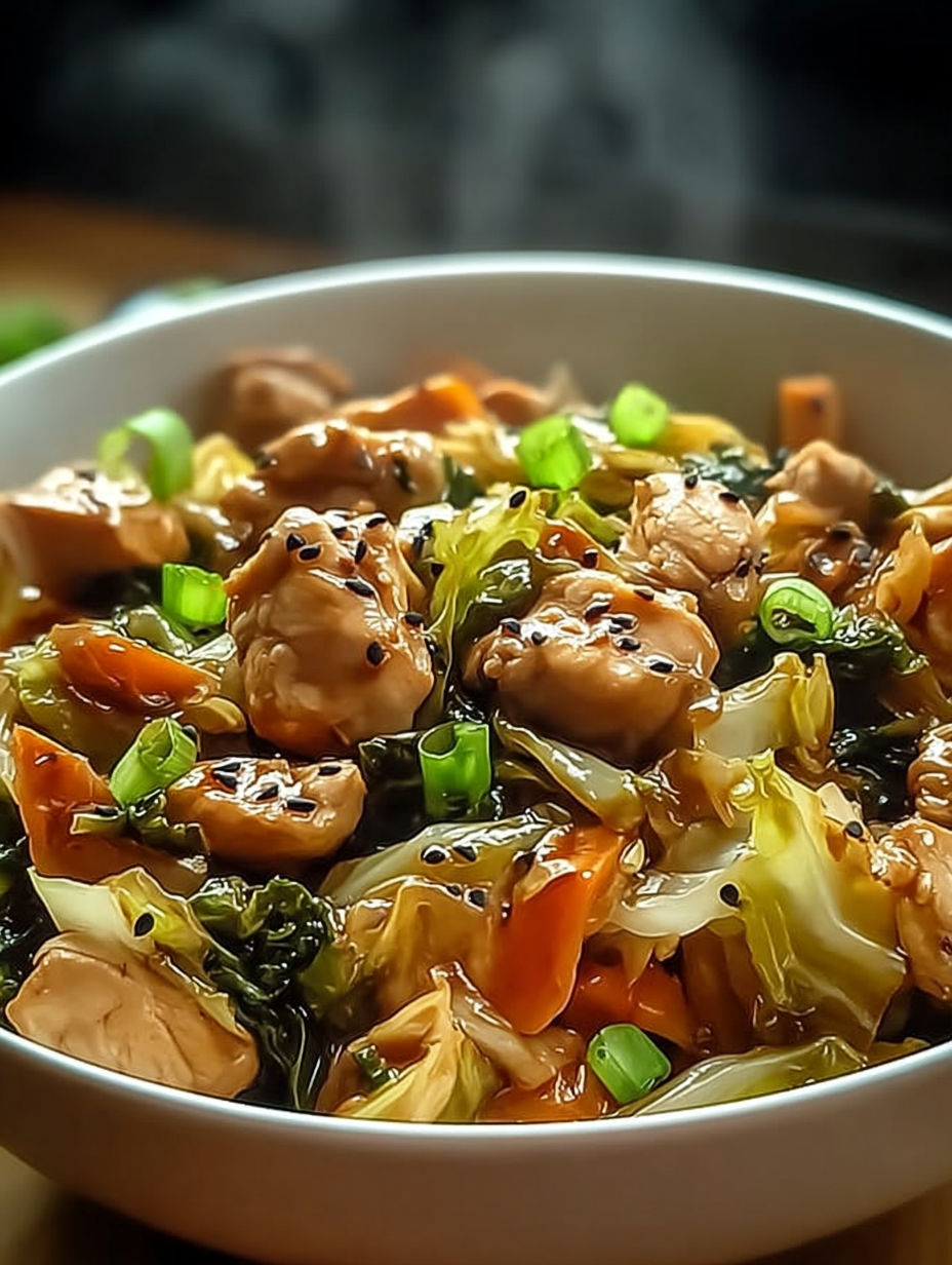 A bowl of chicken and cabbage stir fry.