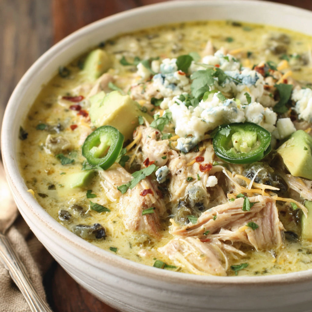 A bowl of soup with chicken and avocado.