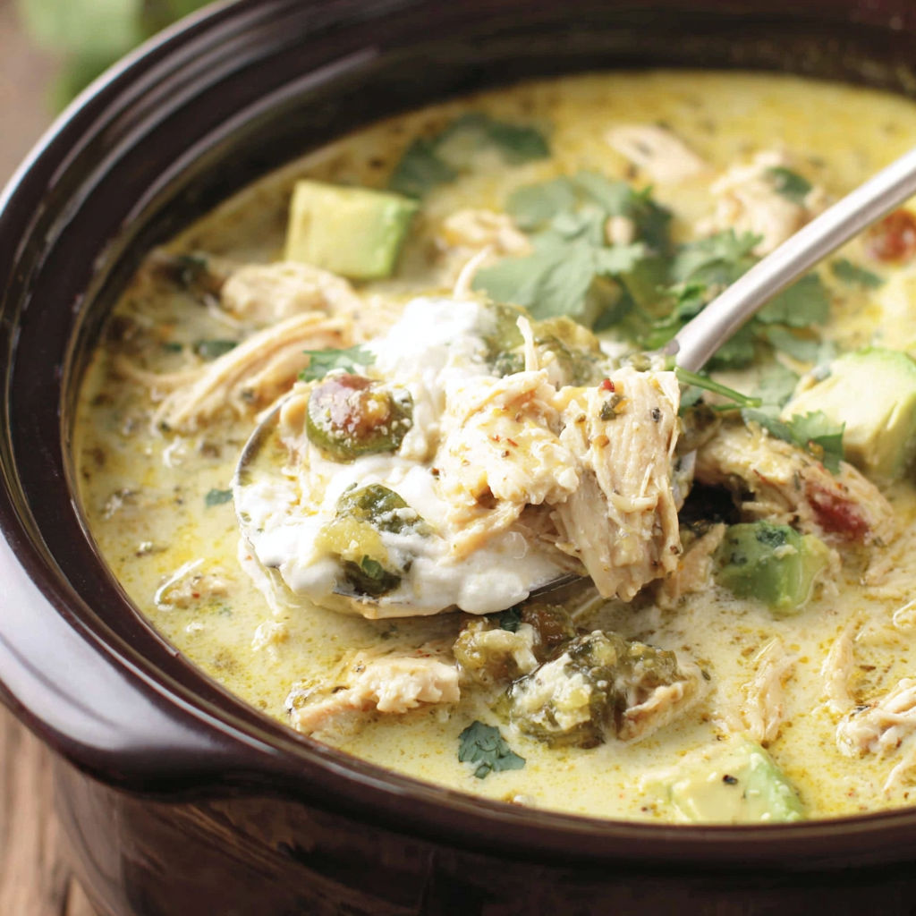 A bowl of soup with chicken and avocado.