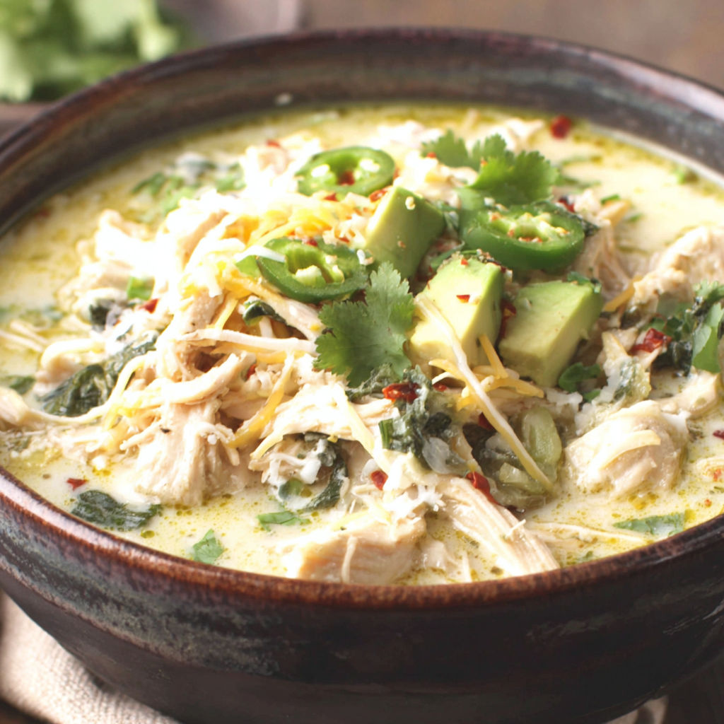 A bowl of green enchilada chicken soup.