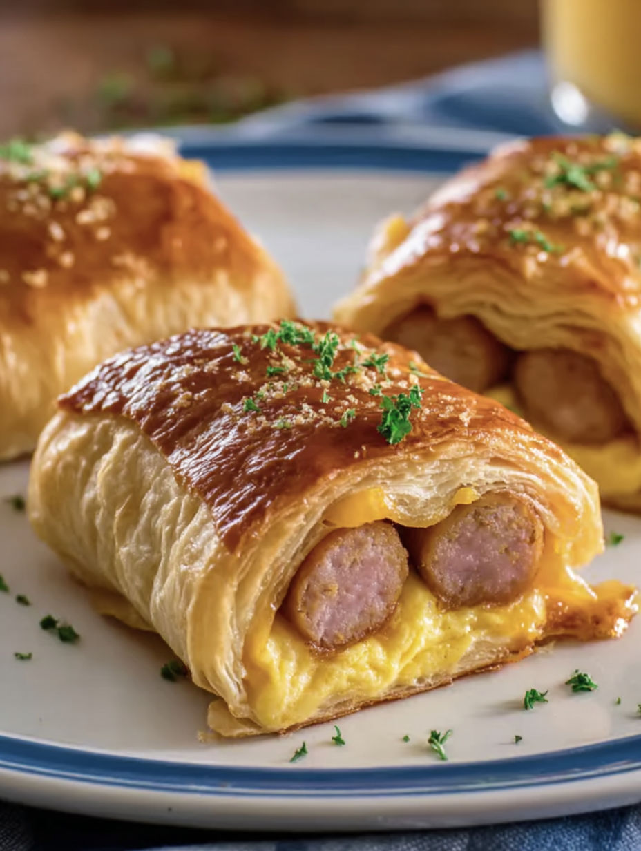 A plate of food with a pastry and sausage.