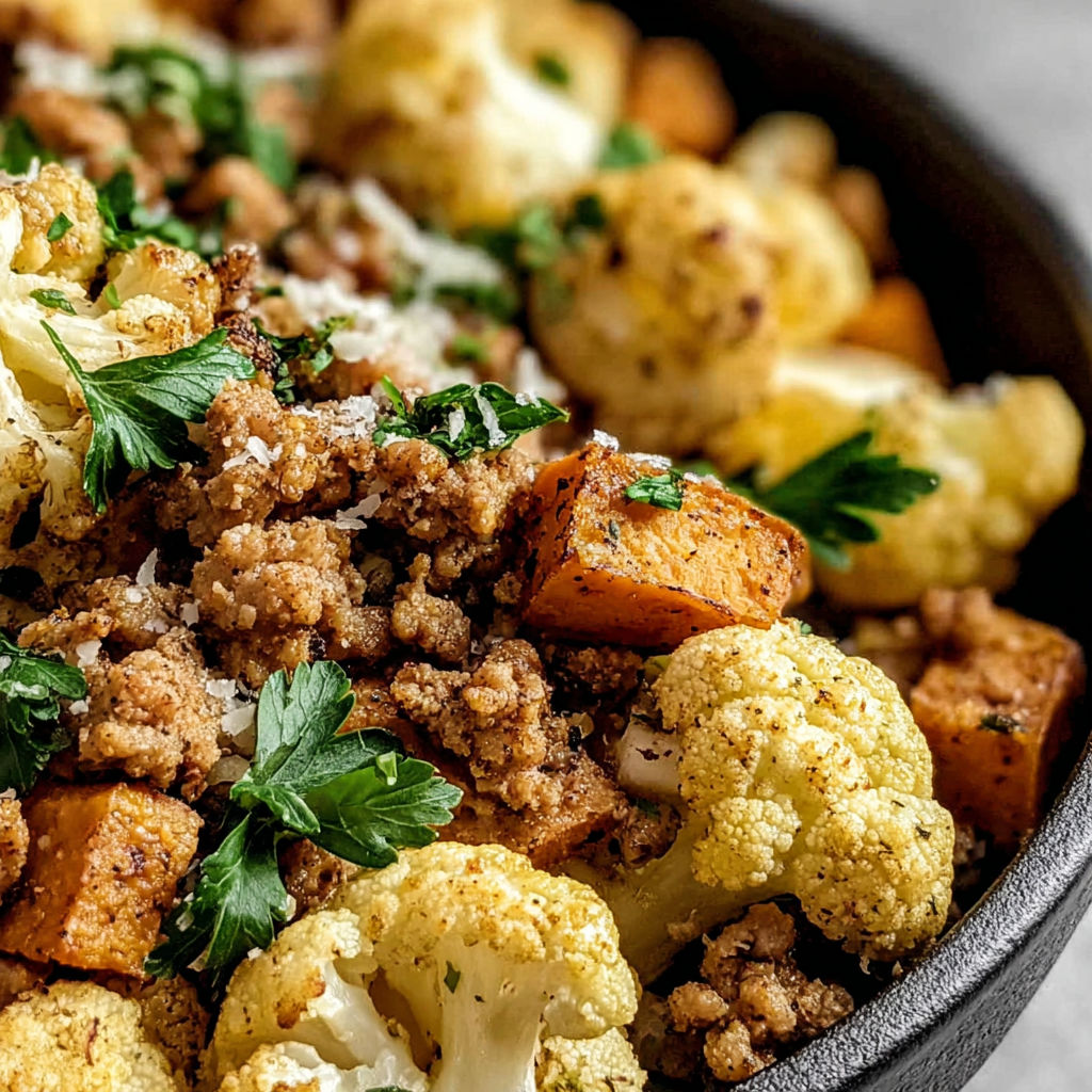 A bowl of ground turkey and sweet potatoes.