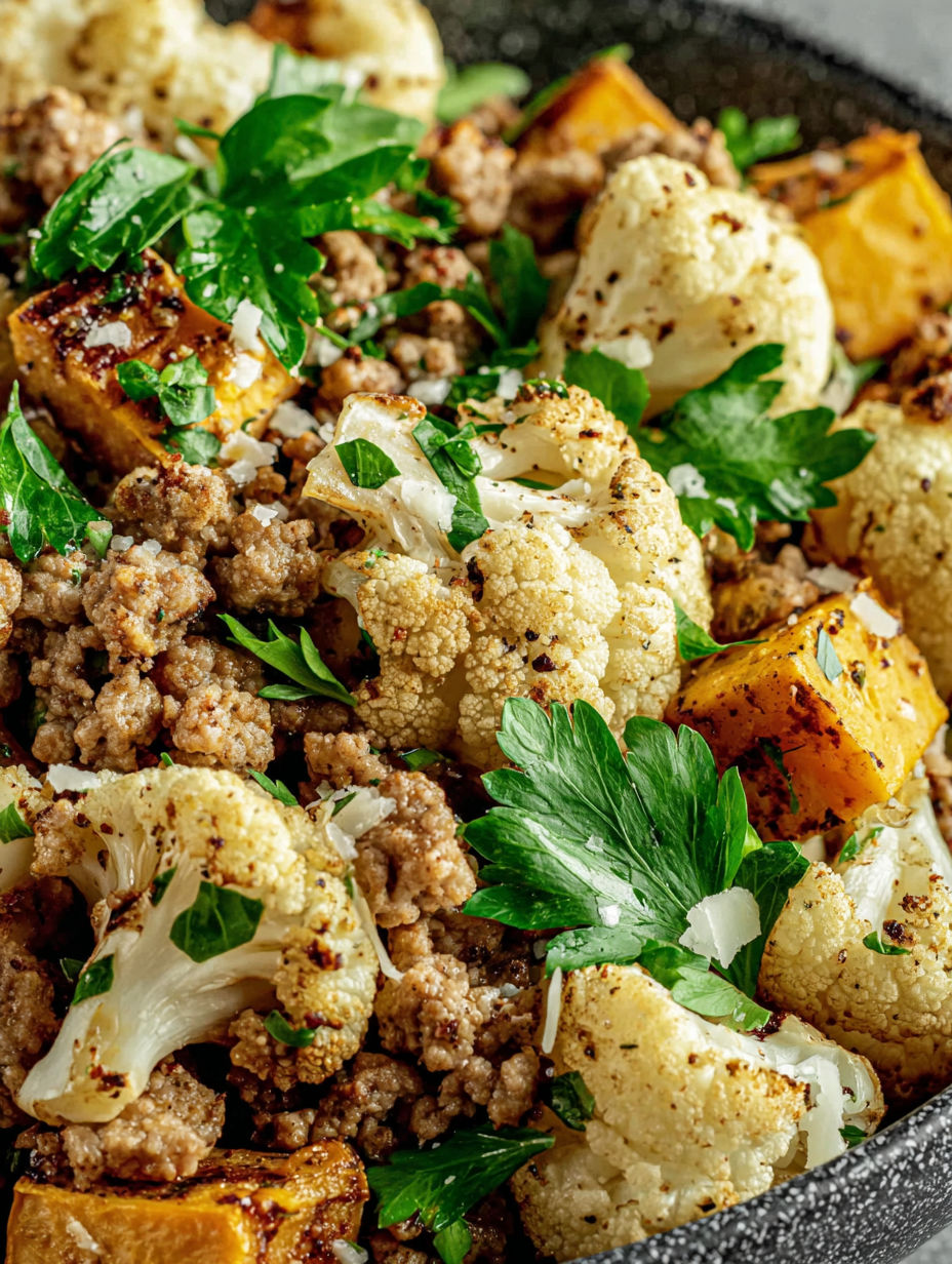 A close up of a delicious meal with meat, cauliflower, and broccoli.