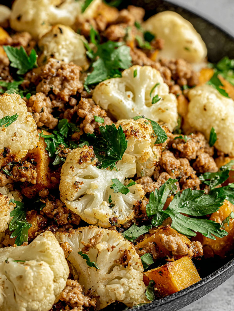 A dish of meat and cauliflower.