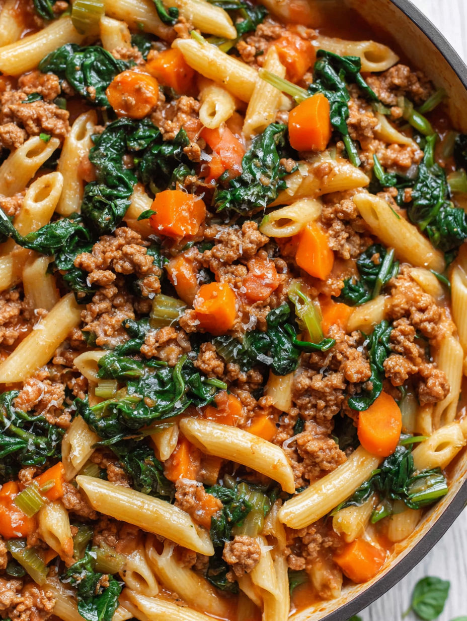 A bowl of pasta with meat and vegetables.