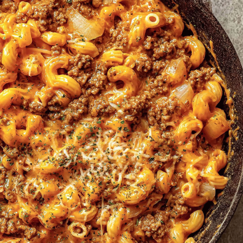 A bowl of macaroni and cheese with meat on top.