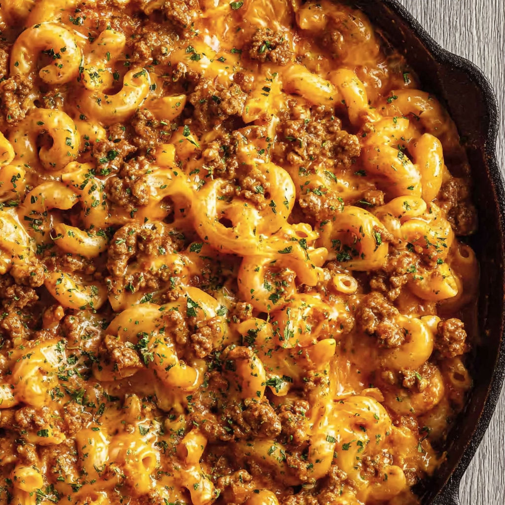 A close up of a cheeseburger Hamburger Helper recipe.