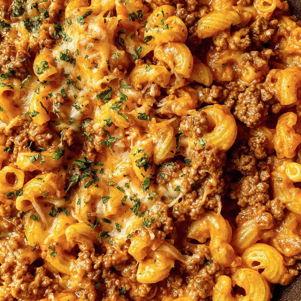 A close up of a cheeseburger hamburger helper recipe.