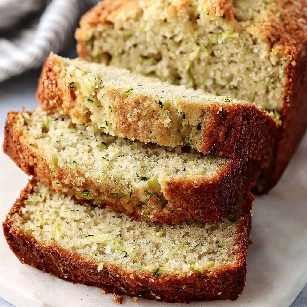 A loaf of zucchini bread sits on a plate.