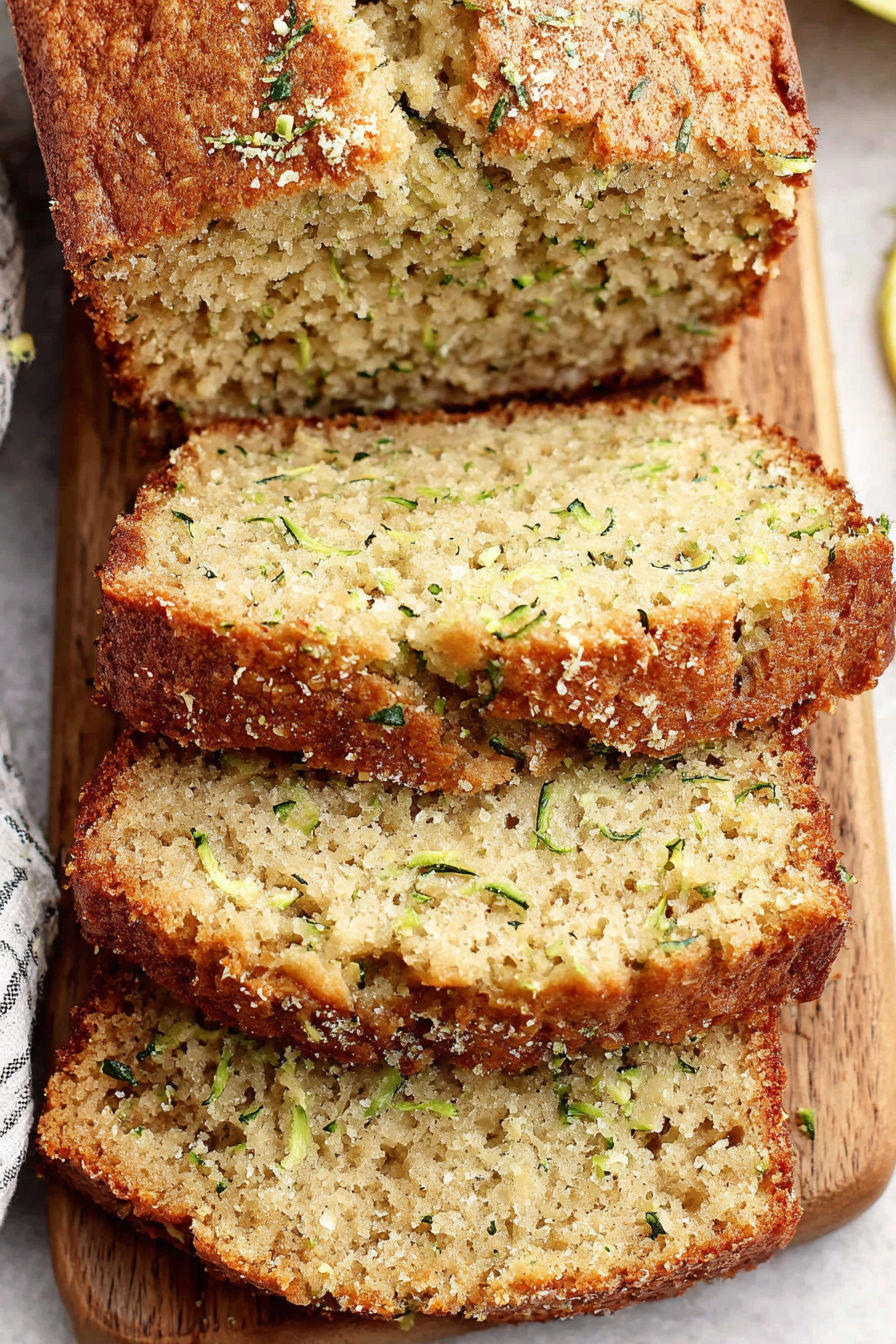 A loaf of zucchini bread on a wooden cutting board.