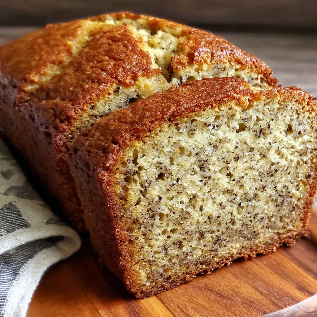 A slice of banana bread on a wooden cutting board.