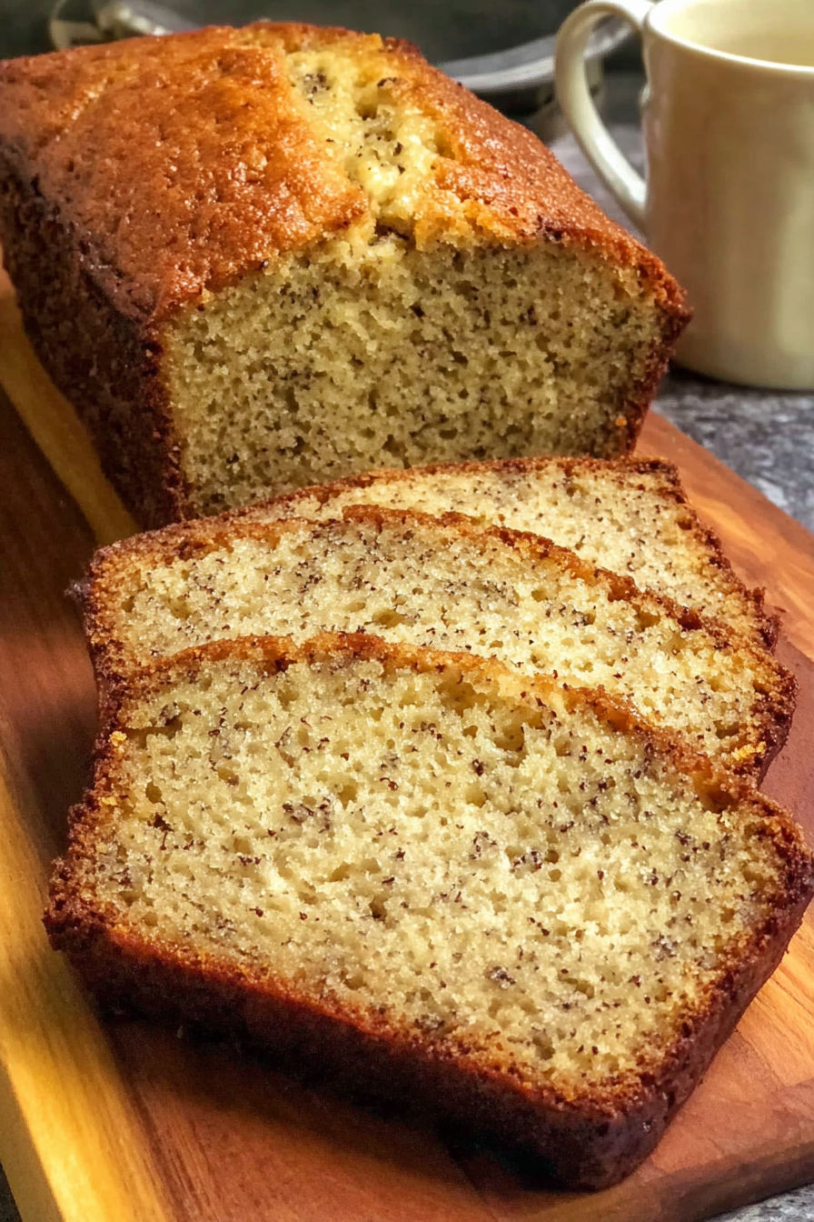 A loaf of banana bread sits on a table.