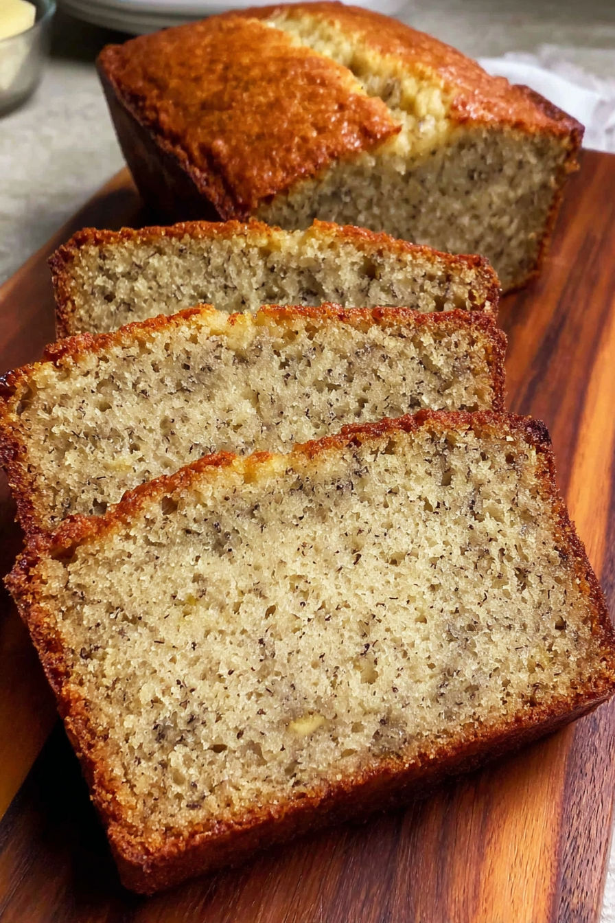A slice of banana bread on a wooden cutting board.
