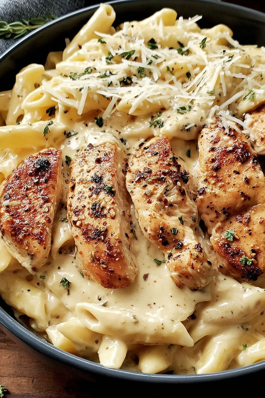 A bowl of creamy cajun chicken pasta.