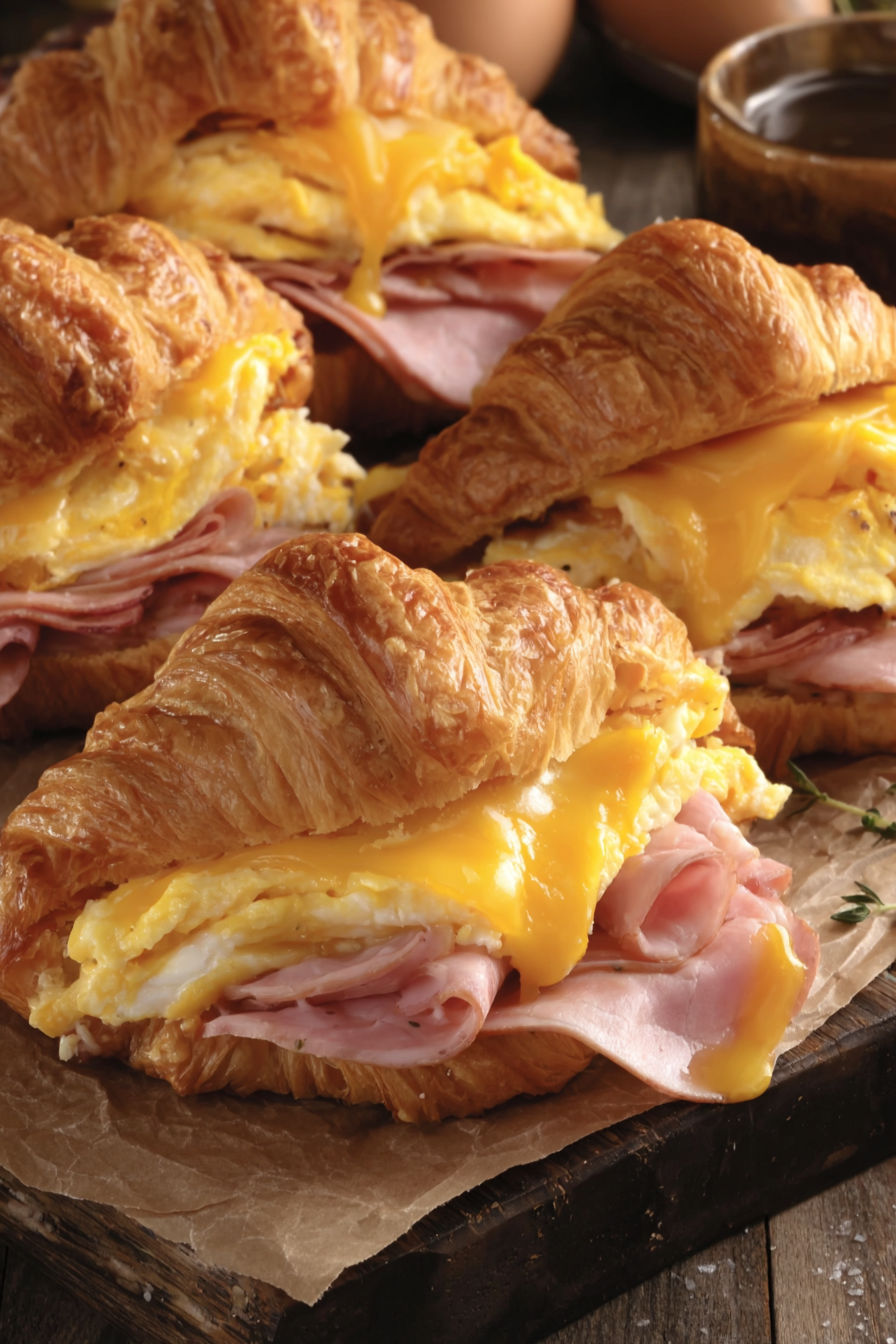 A croissant sandwich with ham and cheese.
