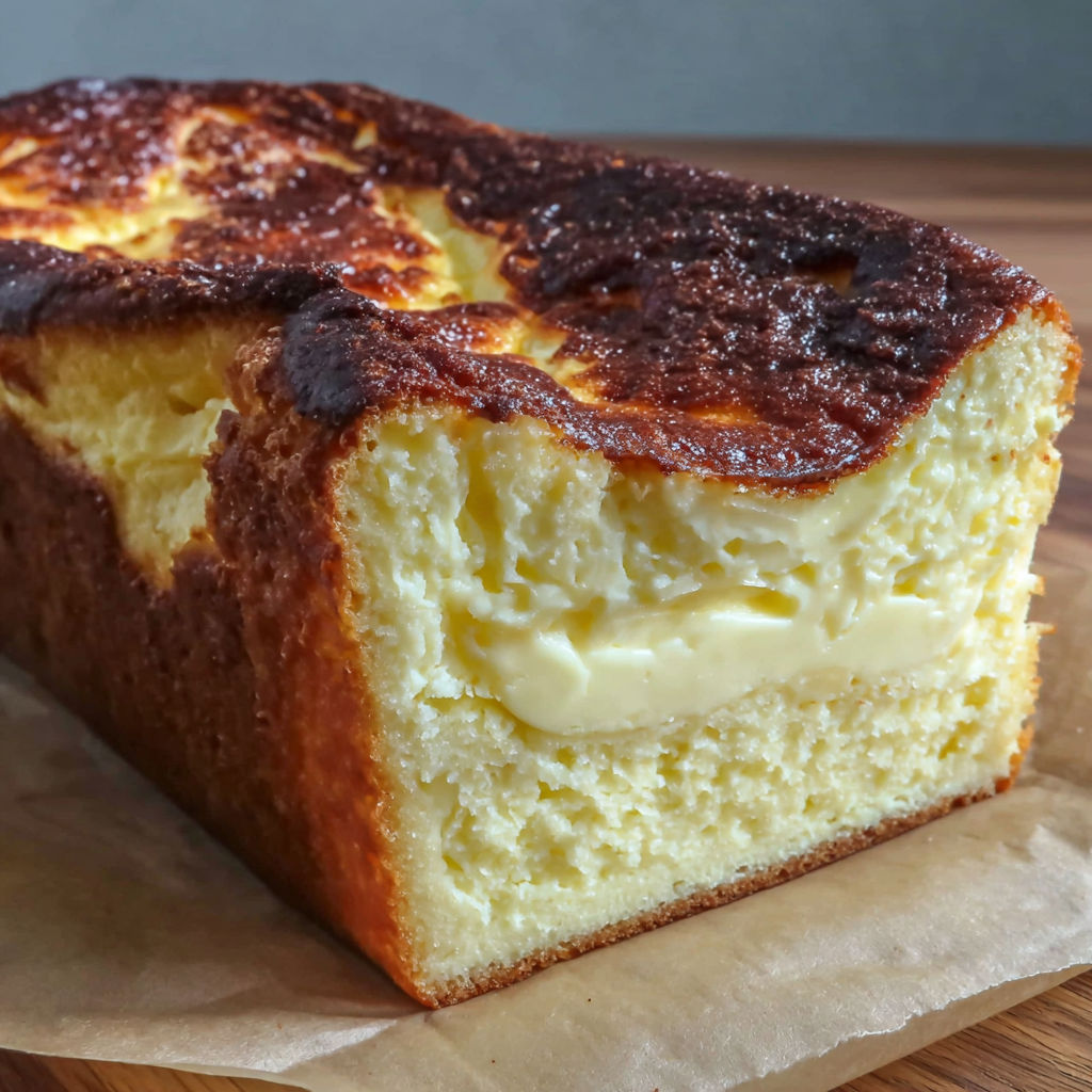 A slice of burnt Basque cheesecake loaf.