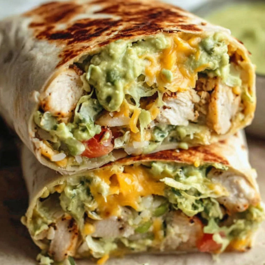A burrito with chicken and cheese.