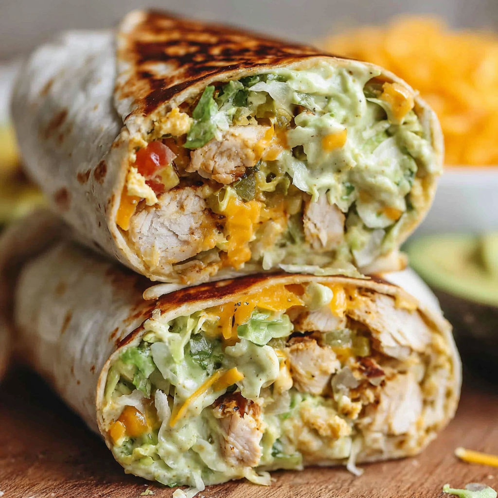 A burrito filled with chicken and cheese.