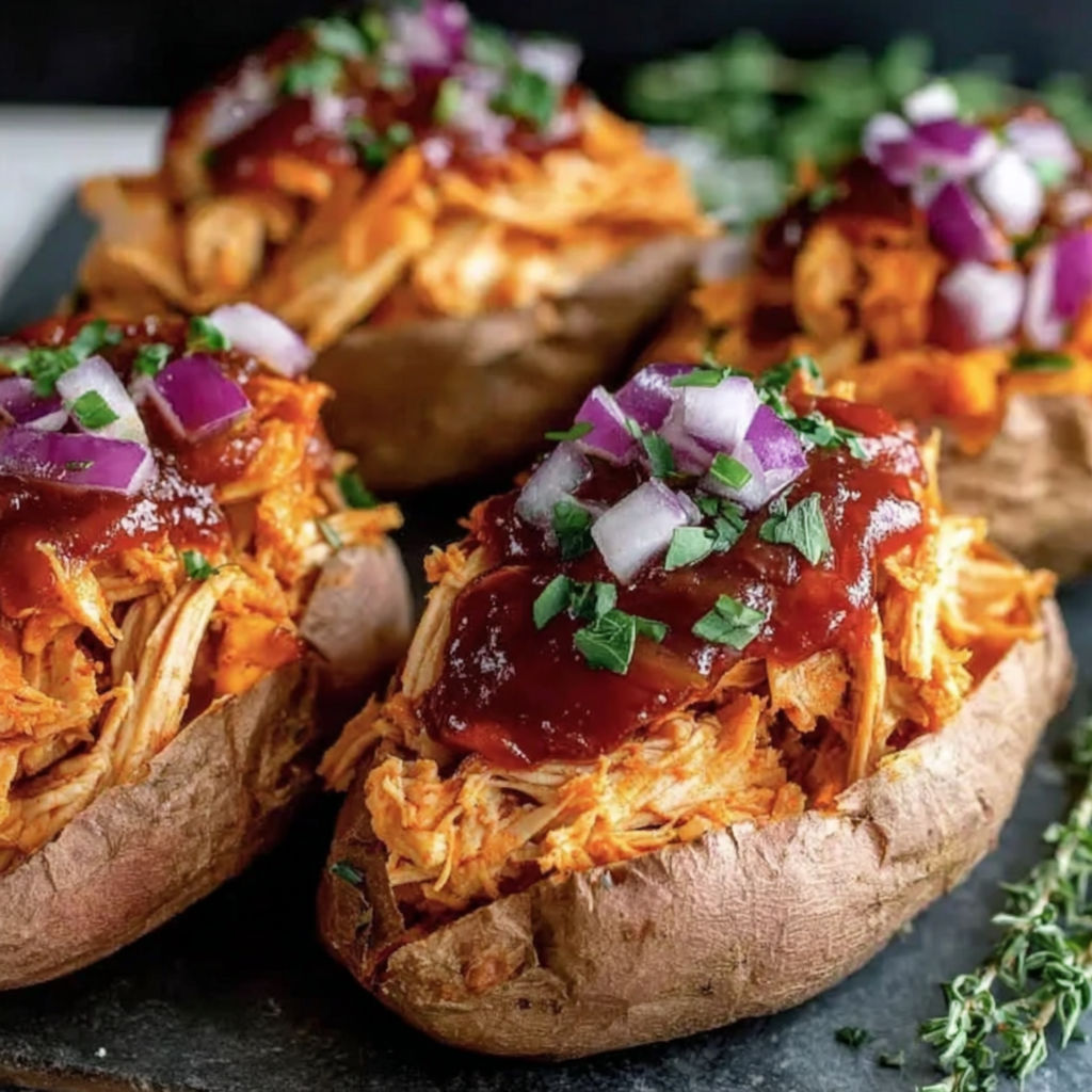 A close up of a delicious BBQ chicken stuffed sweet potato.