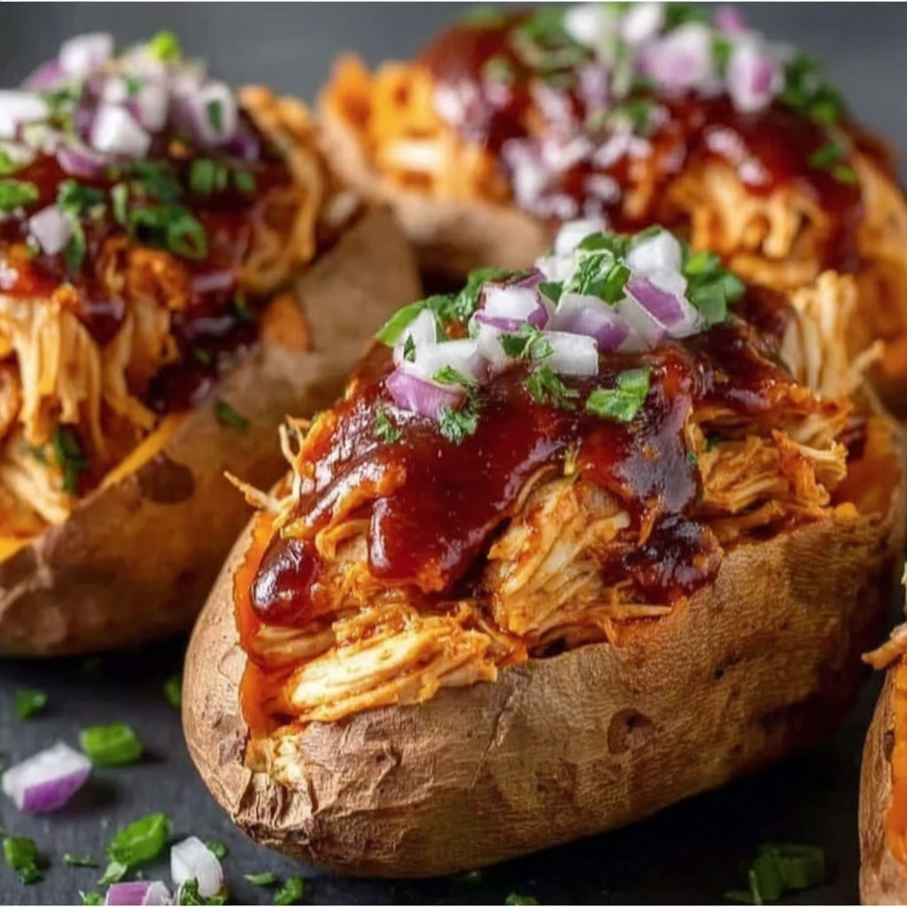 Sweet potatoes with BBQ chicken and onions.